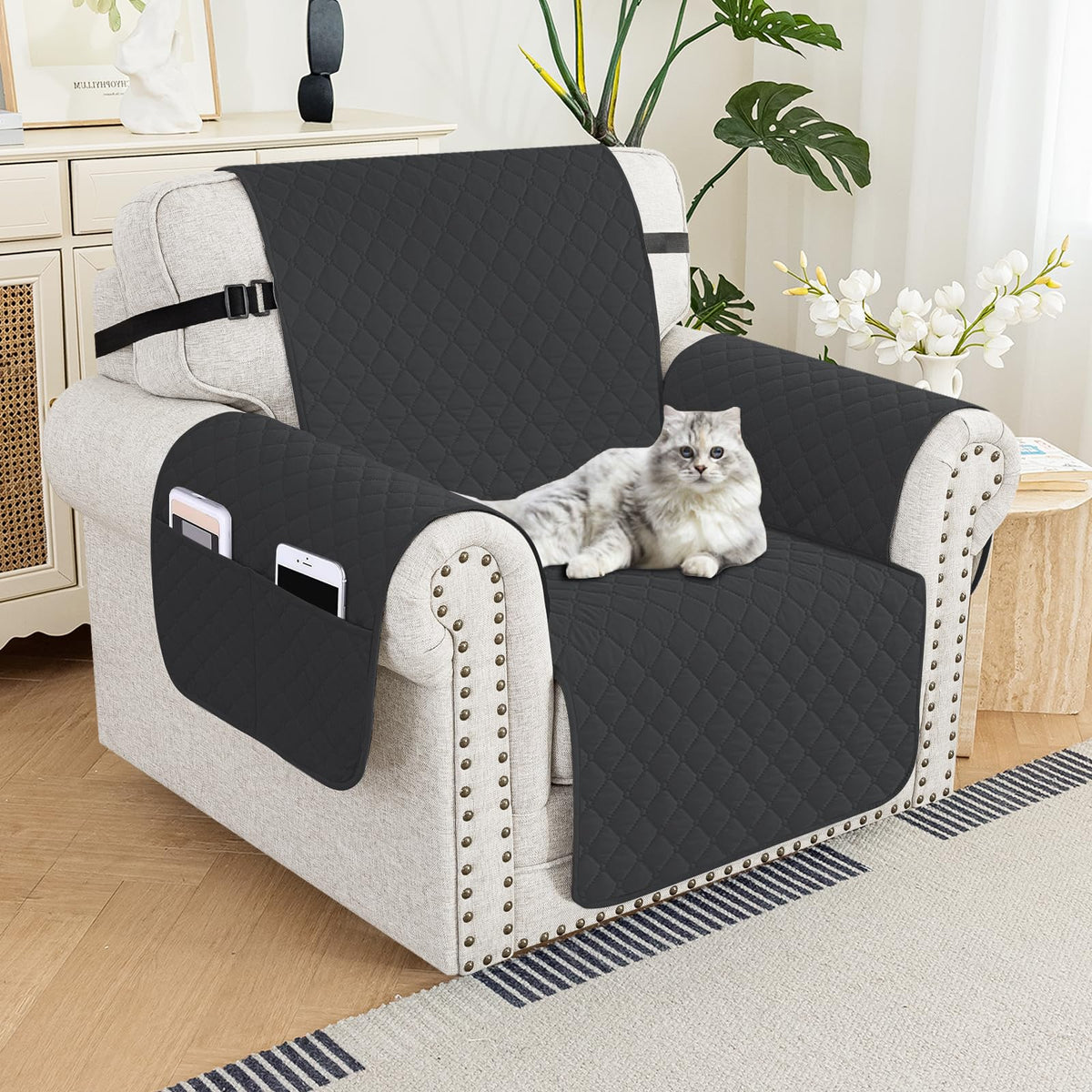 XINEAGE Water Resistant Recliner Cover, Nonslip Recliner Chair Covers for Reclining Chair with Pockets, Quilted Thick Recliner Slipcovers for Pets and Kids (Recliner Chair, Dark Gray)