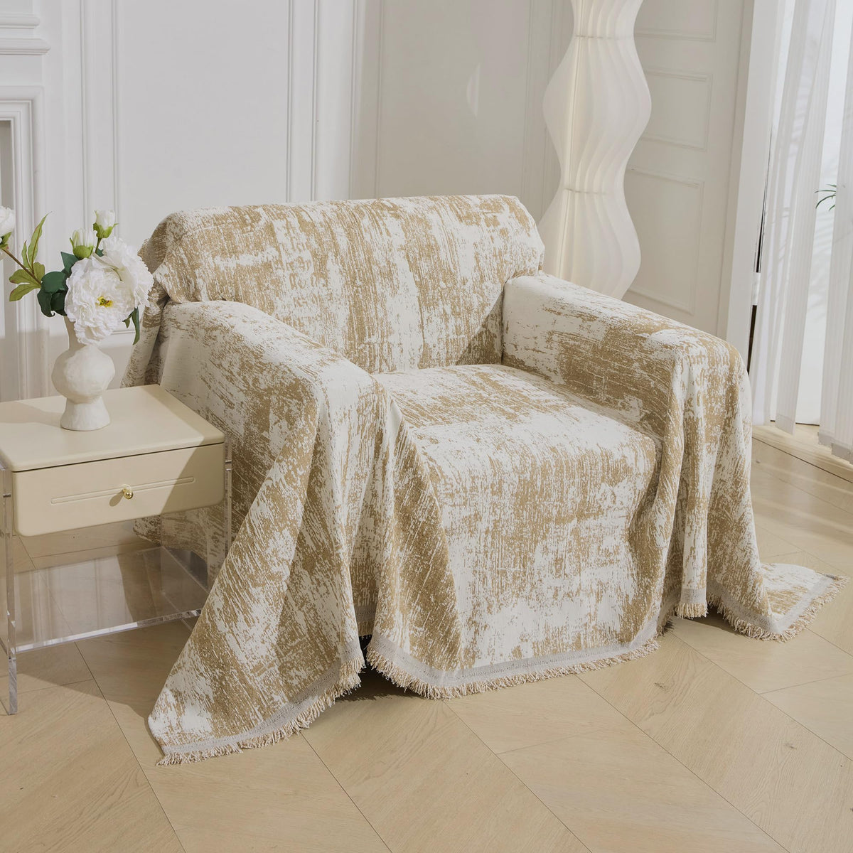 MEETSKY Oversized Chair Cover Washable Armchair Sofa Cover for Dog, Couch Protector for Sofa Single Cover, Small Couch Cover Sofa Throw Cover with Tassel, 71" x 91", Beige