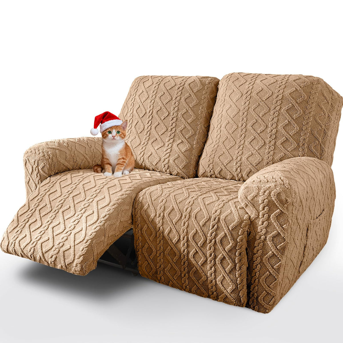 vctops 4 Pieces Recliner Chair Covers, Geometric Jacquard Plush Recliner Slipcovers Soft Fuzzy Sofa Couch Cover Anti-Slip Furniture Protector with Elastic Bottom for Kids Cats Dogs (Cream,1 Seat)