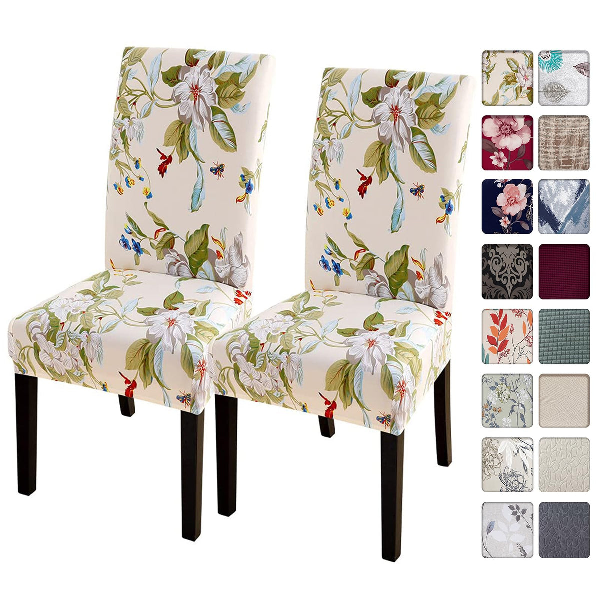 SearchI Chair Covers Slipcovers Set of 4, Spandex Super Fit Stretch Removable Washable Kitchen Parsons Protector for Dining Room,Hotel,Ceremony,Beige+Flowers