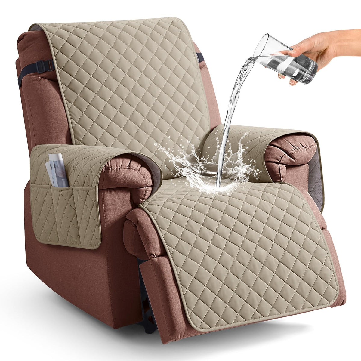 KinCam 100% Waterproof Recliner Chair Cover, Reclining Couch Covers for Pets, Dogs, Recliner Couch Slipcover Furniture Protector with Elastic Straps for Kids(23.6", Chocolate)