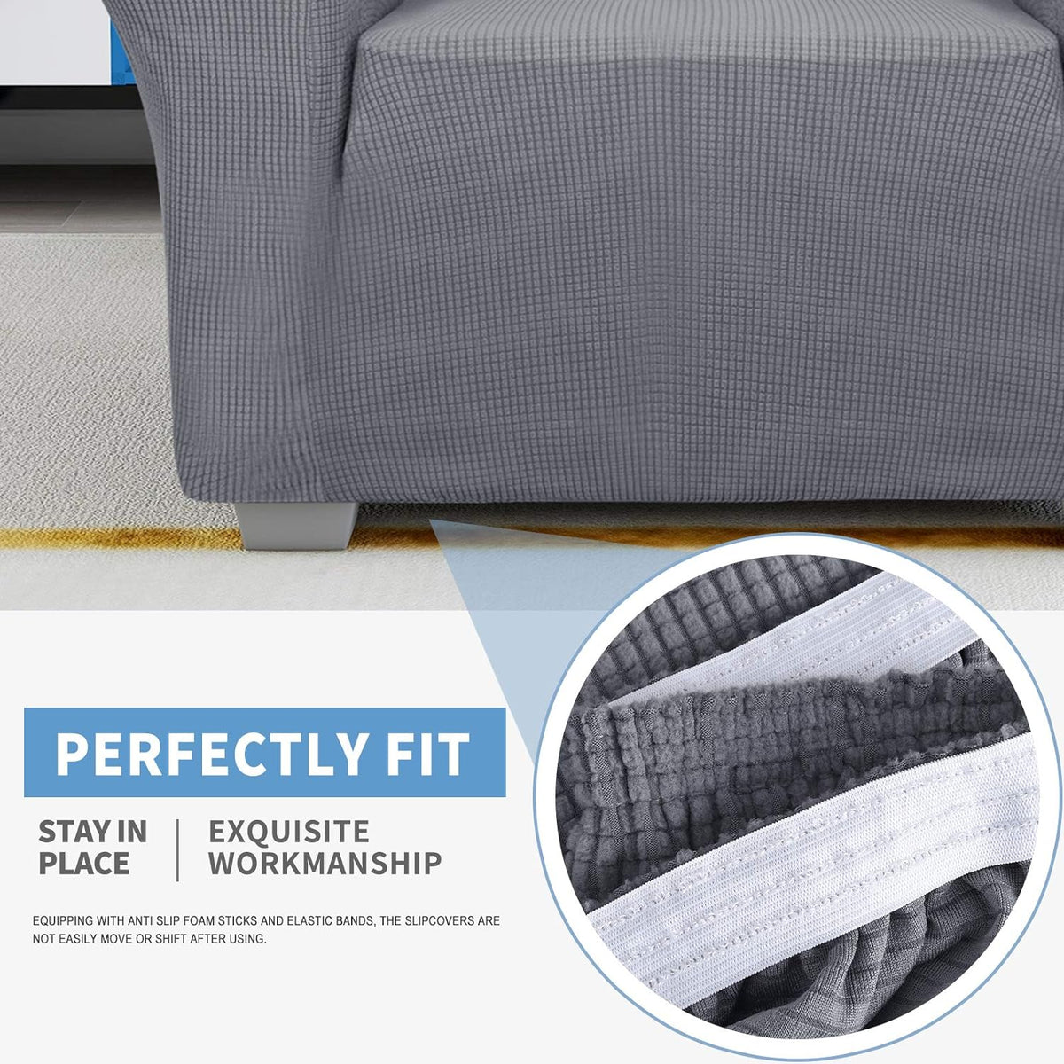 JIVINER Super Stretch Chair Sofa Slipcovers 1-Piece Jacquard Chair Covers for Living Room Soft Anti Slip 1 Seater Couch Furniture Protector Small Checks for Kids Pets (Chair, Light Gray)