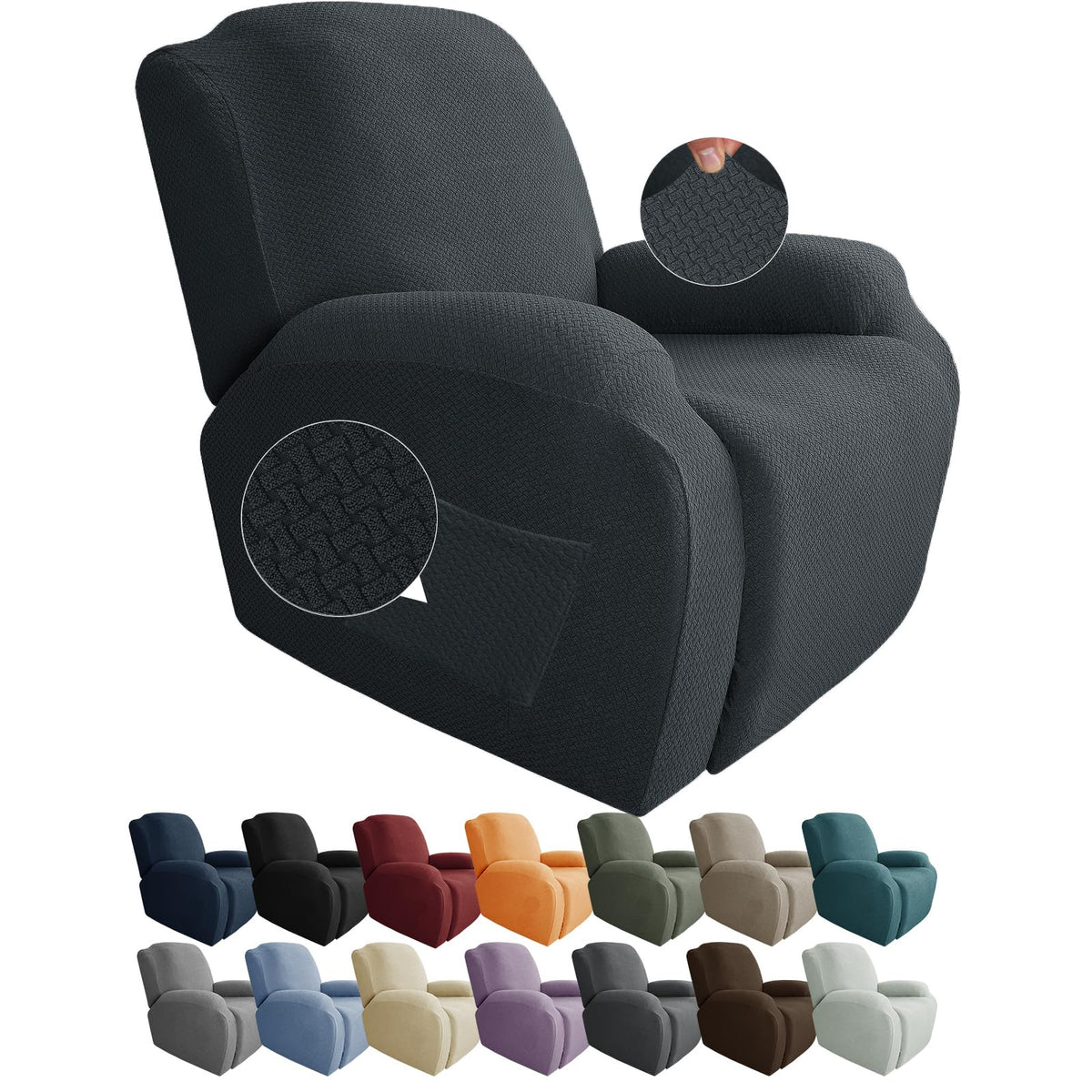 JIVINER 4-Piece Recliner Chair Covers Stretch Jacquard Chair Covers for Reclining Chair Recliner Slipcovers for Living Room Soft Recliner Protector with Pocket (Recliner,Dark Coffee)