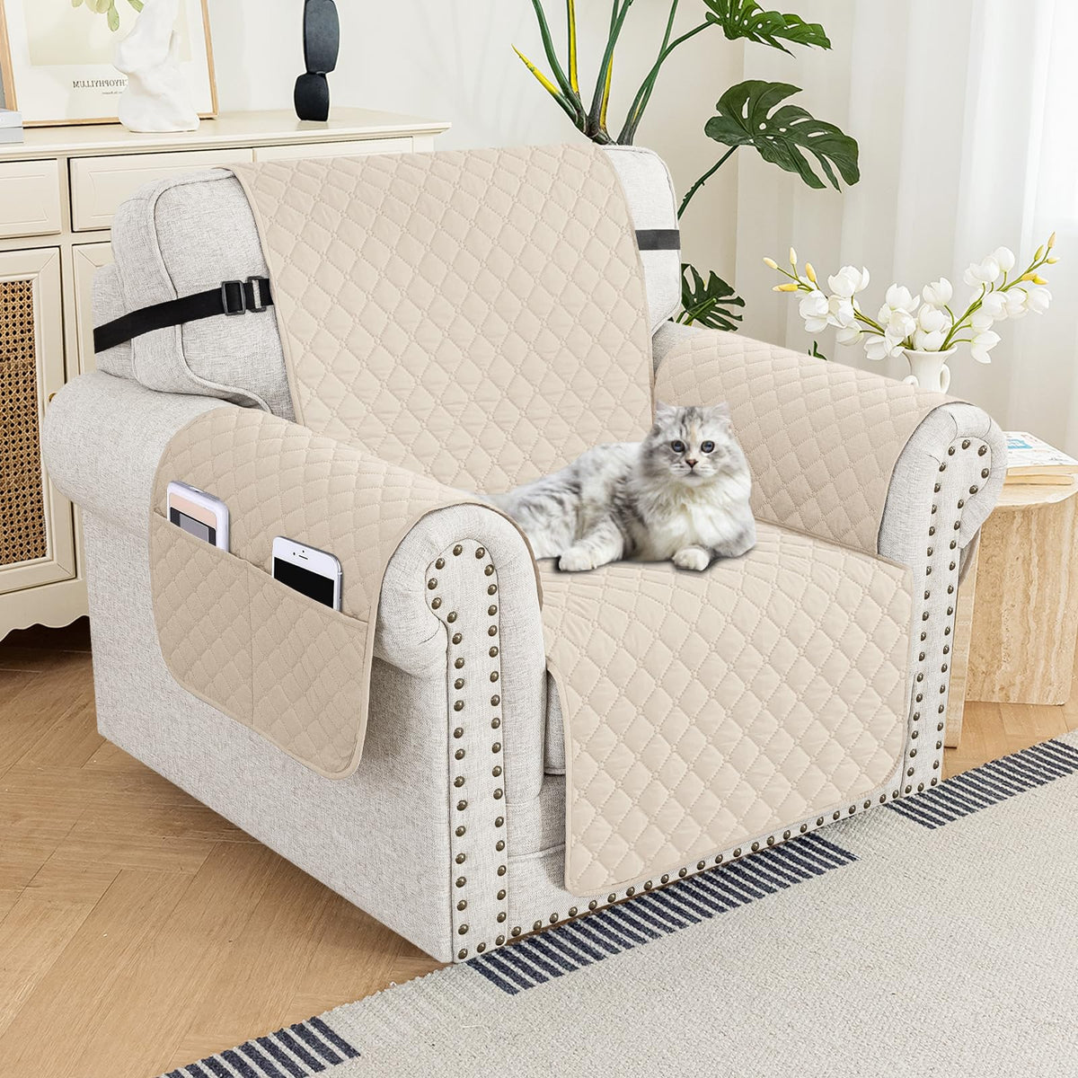 XINEAGE Water Resistant Recliner Cover, Nonslip Recliner Chair Covers for Reclining Chair with Pockets, Quilted Thick Recliner Slipcovers for Pets and Kids (Recliner Chair, Dark Gray)