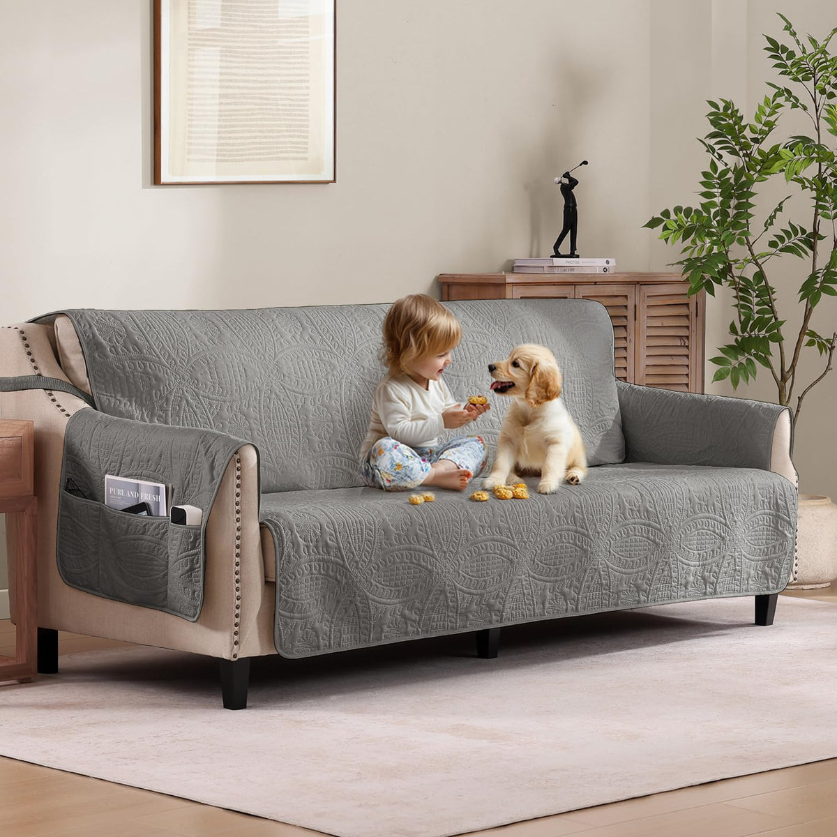 Beige Quilted Recliner Chair Covers, Water-Repellent Recliner Slipcovers, Lazy Boy Chair Covers, Pet Friendly Recliner Covers for Dog, Washable Armchair Protector (Recliner 22", Beige Cream)