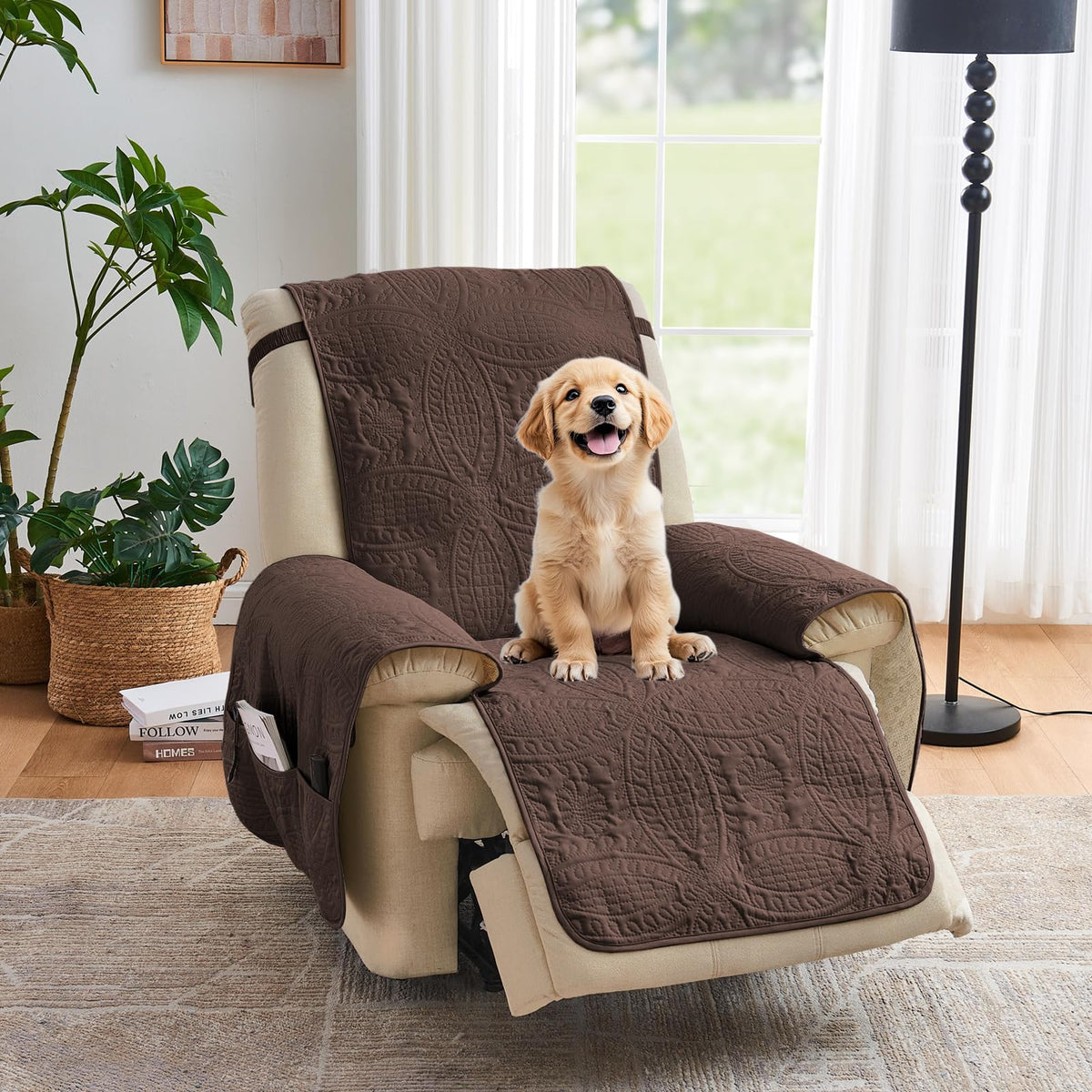 Beige Quilted Recliner Chair Covers, Water-Repellent Recliner Slipcovers, Lazy Boy Chair Covers, Pet Friendly Recliner Covers for Dog, Washable Armchair Protector (Recliner 22", Beige Cream)