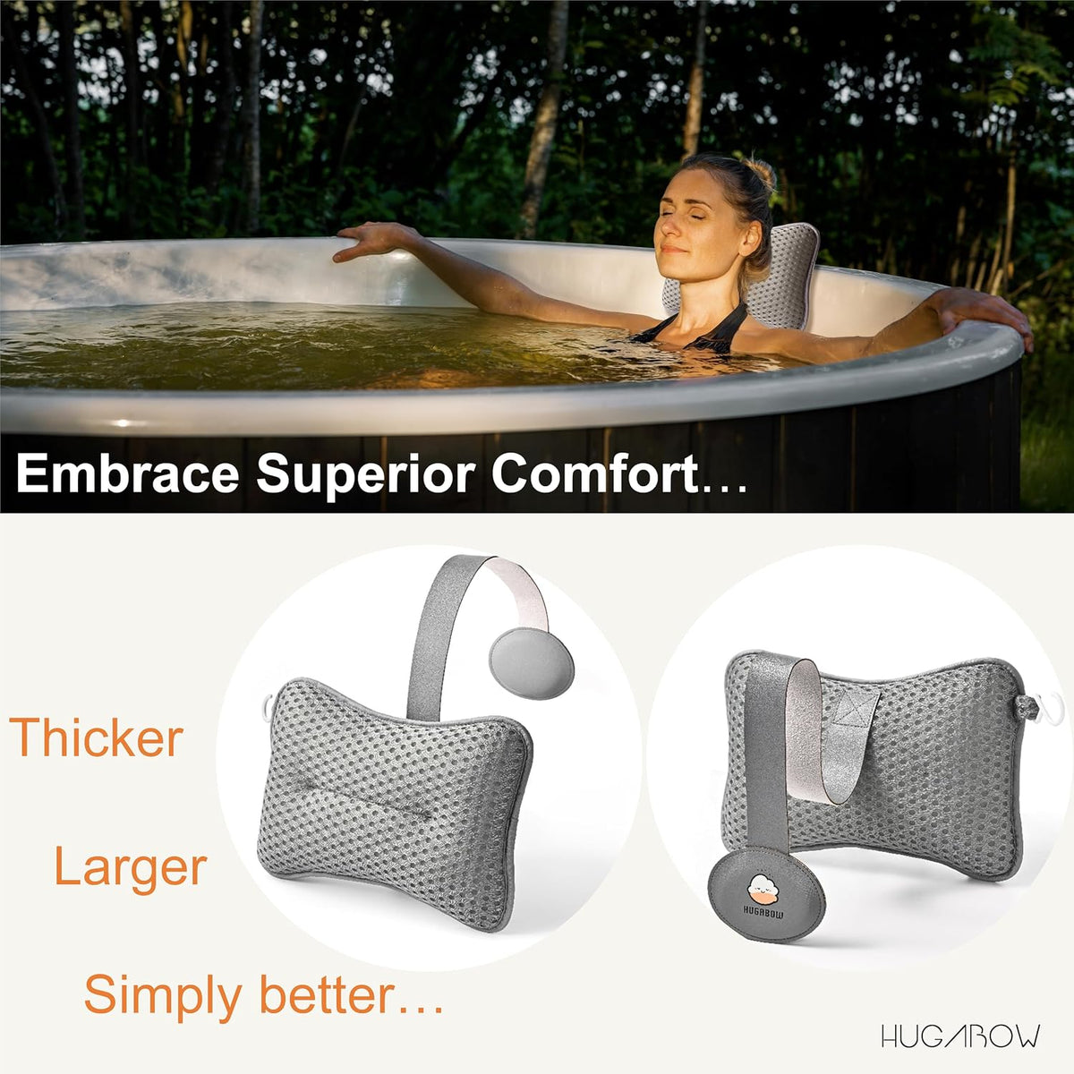 2-Pack Large Pillow for Hot Tub (Grey), Spa, Pool & Chaise Lounge - Universal Headrest & Neck Support Cushion, Adjustable Height with Weighted Strap, 4D Air Mesh, Easy Drying with Hook