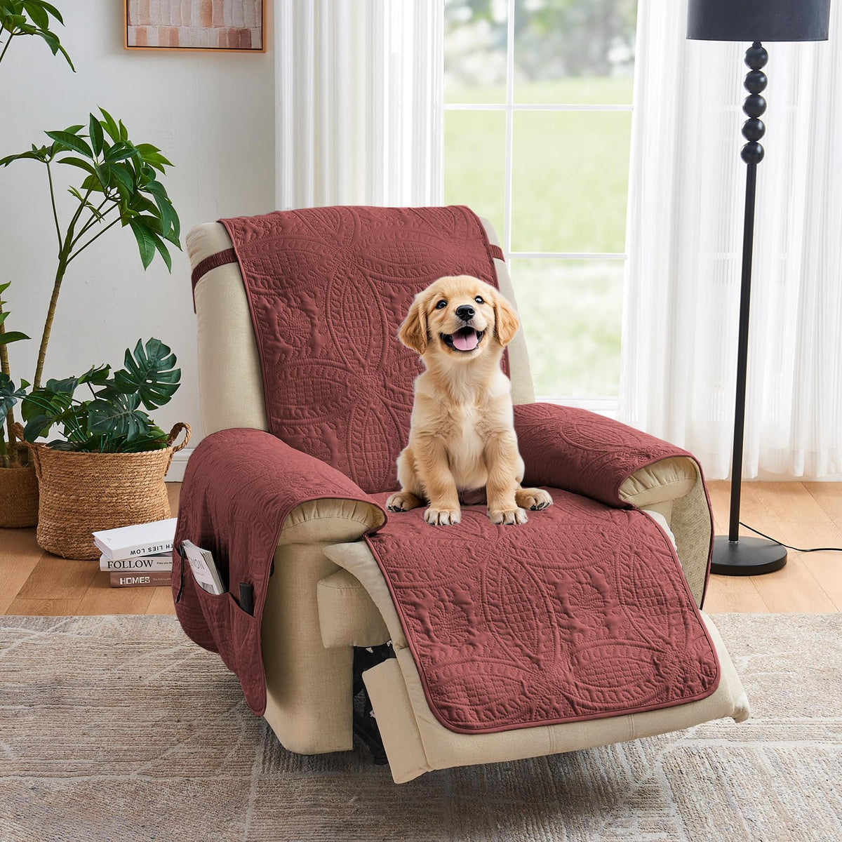 Beige Quilted Recliner Chair Covers, Water-Repellent Recliner Slipcovers, Lazy Boy Chair Covers, Pet Friendly Recliner Covers for Dog, Washable Armchair Protector (Recliner 22", Beige Cream)