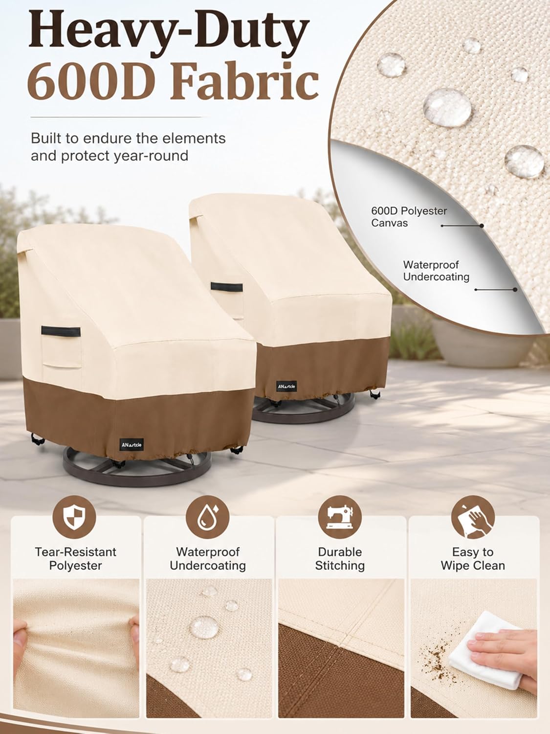 ANartcle Outdoor Swivel Chair Covers 2 Pack,600D Waterproof Heavy Duty Patio Chair Covers(30 W x 34 D x 38.5 H inches),Patio Swivel Chair Covers for Outdoor Furniture,Beige&brown.