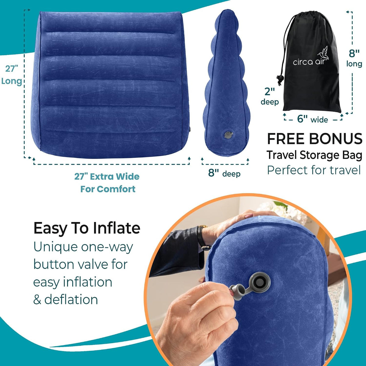 Circa Air Inflatable Wedge Pillow for Traveling – Travel Wedge Pillow for Sleeping. Extra Wide 27" Portable Bed Wedge Pillows for Sleep Apnea, Acid Reflux, Leg, Back and Knee Support, Blow up Wedge