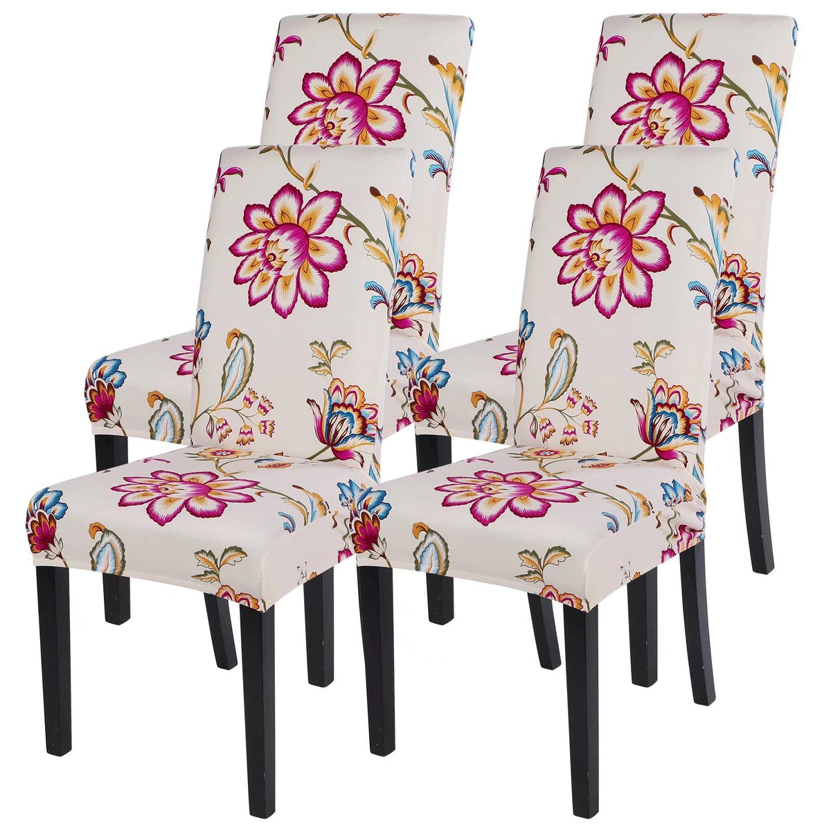 SearchI Chair Covers Slipcovers Set of 4, Spandex Super Fit Stretch Removable Washable Kitchen Parsons Protector for Dining Room,Hotel,Ceremony,Beige+Flowers