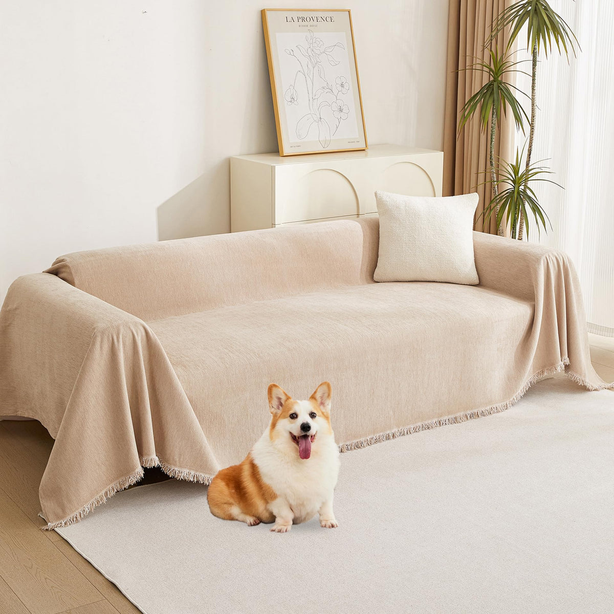 MYSKY HOME Oversized Chair Cover, Armchair Couch Cover for 1 Cushion, Washable Recliner Covers Sofa Protector with Tassel, Beige, 71"X91"