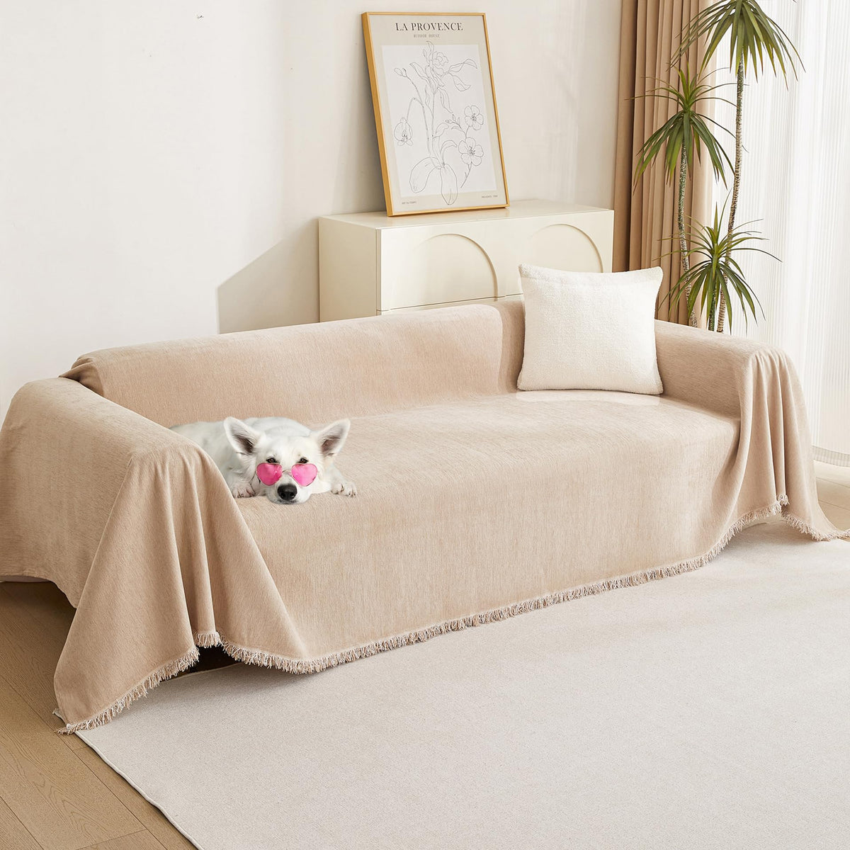 MYSKY HOME Oversized Chair Cover, Armchair Couch Cover for 1 Cushion, Washable Recliner Covers Sofa Protector with Tassel, Beige, 71"X91"