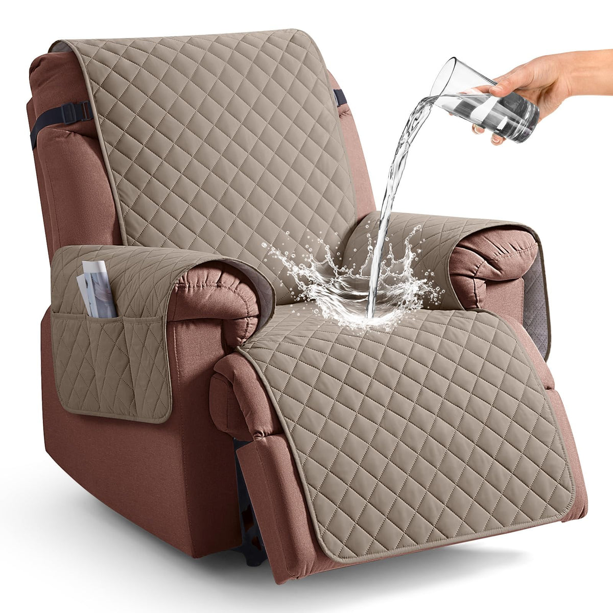 KinCam 100% Waterproof Recliner Chair Cover, Reclining Couch Covers for Pets, Dogs, Recliner Couch Slipcover Furniture Protector with Elastic Straps for Kids(23.6", Chocolate)