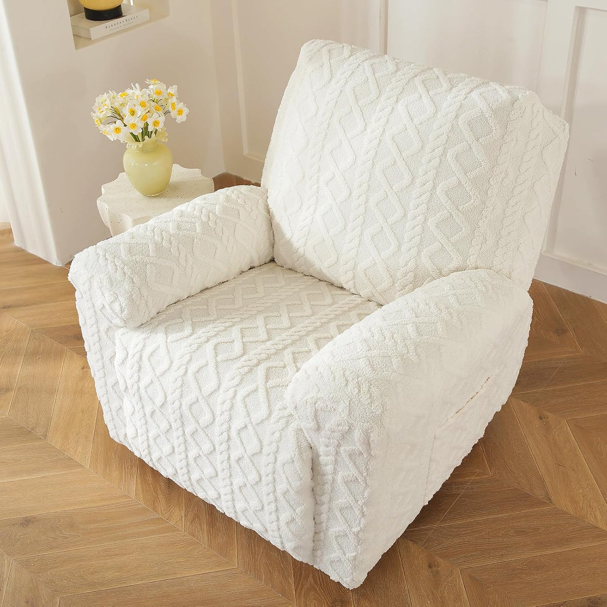 vctops 4 Pieces Recliner Chair Covers, Geometric Jacquard Plush Recliner Slipcovers Soft Fuzzy Sofa Couch Cover Anti-Slip Furniture Protector with Elastic Bottom for Kids Cats Dogs (Cream,1 Seat)