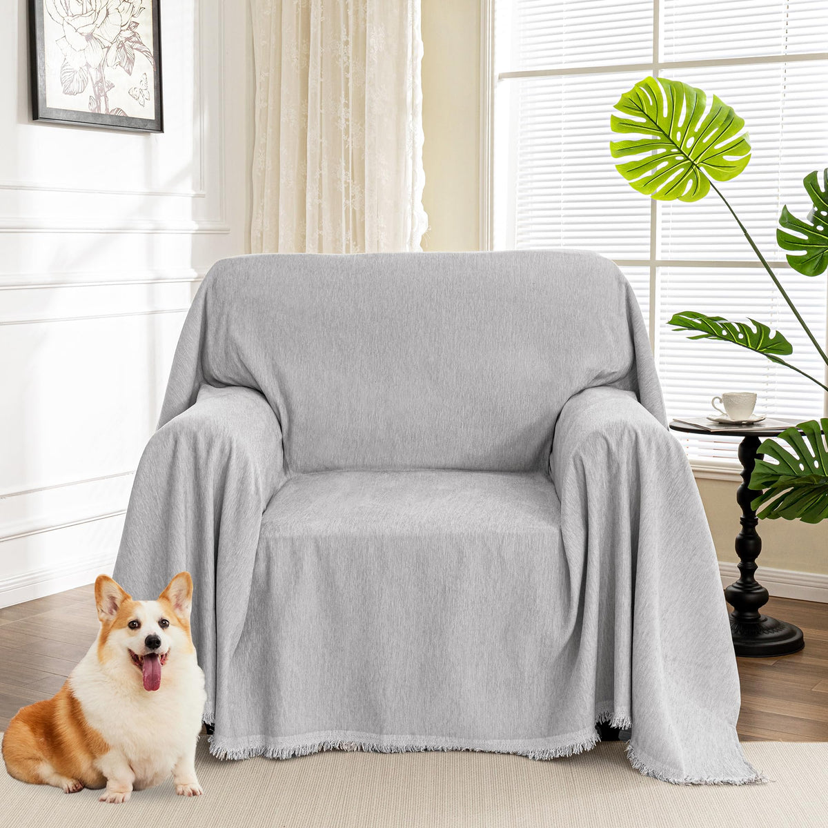 MYSKY HOME Oversized Chair Cover, Armchair Couch Cover for 1 Cushion, Washable Recliner Covers Sofa Protector with Tassel, Beige, 71"X91"