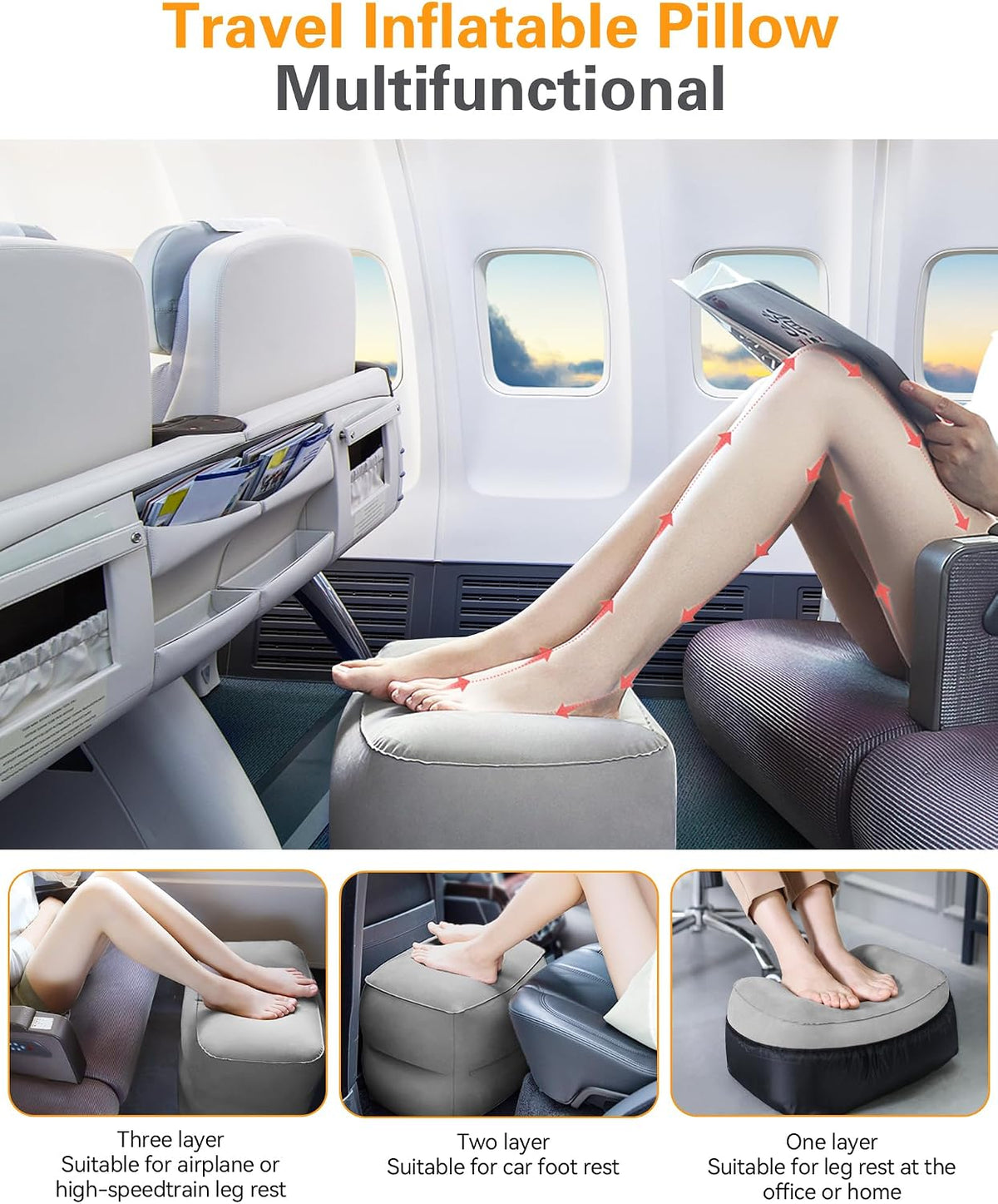 Sunany Inflatable Foot Rest Pillow for Travel, Kids/Adults Airplane Travel Pillow-Adjustable Height for Kids to Sleep While Traveling,Suitable for Airplane, Office, Home, Cars and Any Travel (1 Pack)
