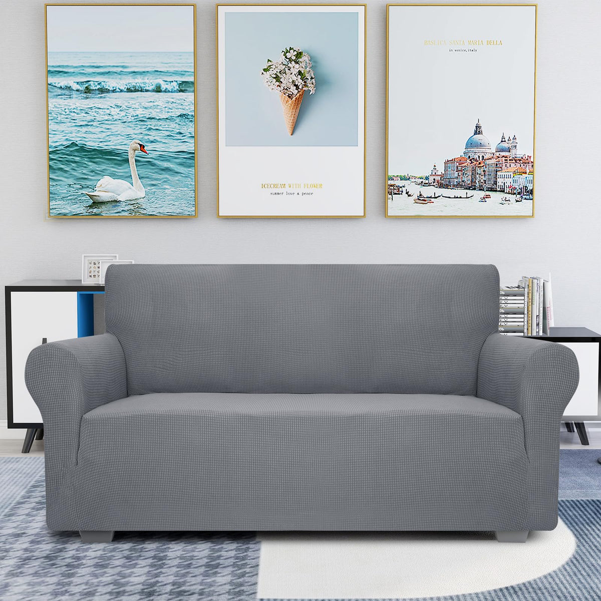 JIVINER Super Stretch Chair Sofa Slipcovers 1-Piece Jacquard Chair Covers for Living Room Soft Anti Slip 1 Seater Couch Furniture Protector Small Checks for Kids Pets (Chair, Light Gray)