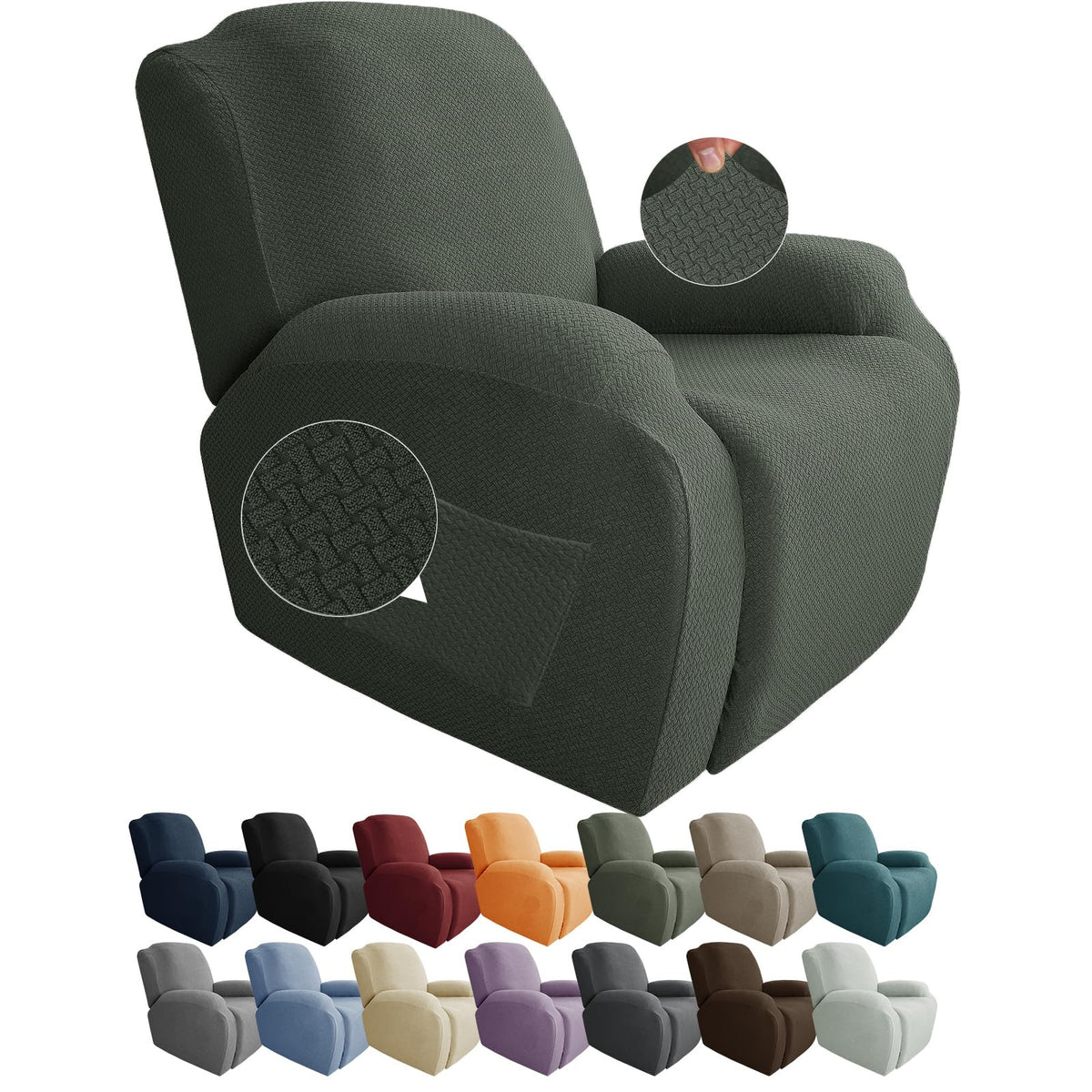 JIVINER 4-Piece Recliner Chair Covers Stretch Jacquard Chair Covers for Reclining Chair Recliner Slipcovers for Living Room Soft Recliner Protector with Pocket (Recliner,Dark Coffee)