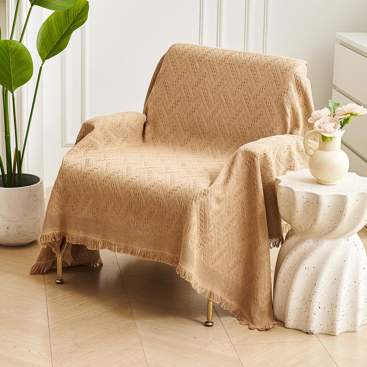 AIVIA Slipper Chair Cover Sheet Blanket, Reversible Anti Slip Throw Cushion Covers for Single Seat Chair Recliner Armchair Ottomans Furniture Decorations Protector Slipcover (White Khaki, 51"x71")