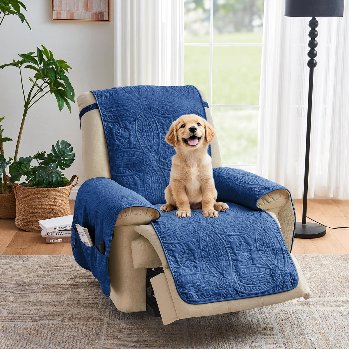 Beige Quilted Recliner Chair Covers, Water-Repellent Recliner Slipcovers, Lazy Boy Chair Covers, Pet Friendly Recliner Covers for Dog, Washable Armchair Protector (Recliner 22", Beige Cream)