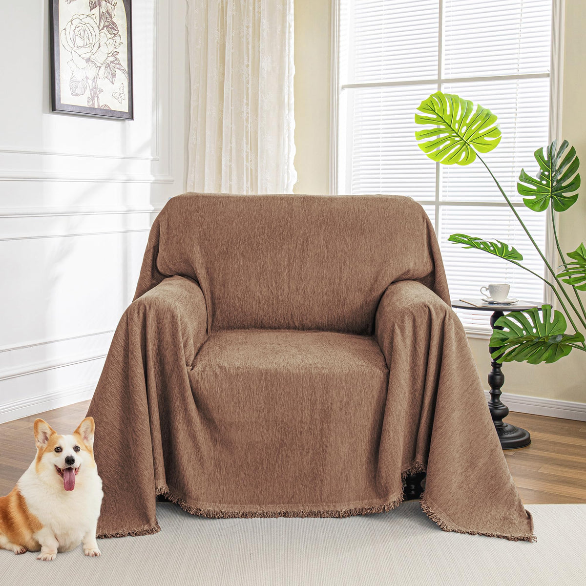 MYSKY HOME Oversized Chair Cover, Armchair Couch Cover for 1 Cushion, Washable Recliner Covers Sofa Protector with Tassel, Beige, 71"X91"