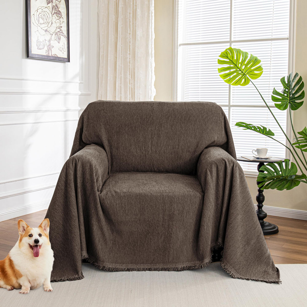 MYSKY HOME Oversized Chair Cover, Armchair Couch Cover for 1 Cushion, Washable Recliner Covers Sofa Protector with Tassel, Beige, 71"X91"