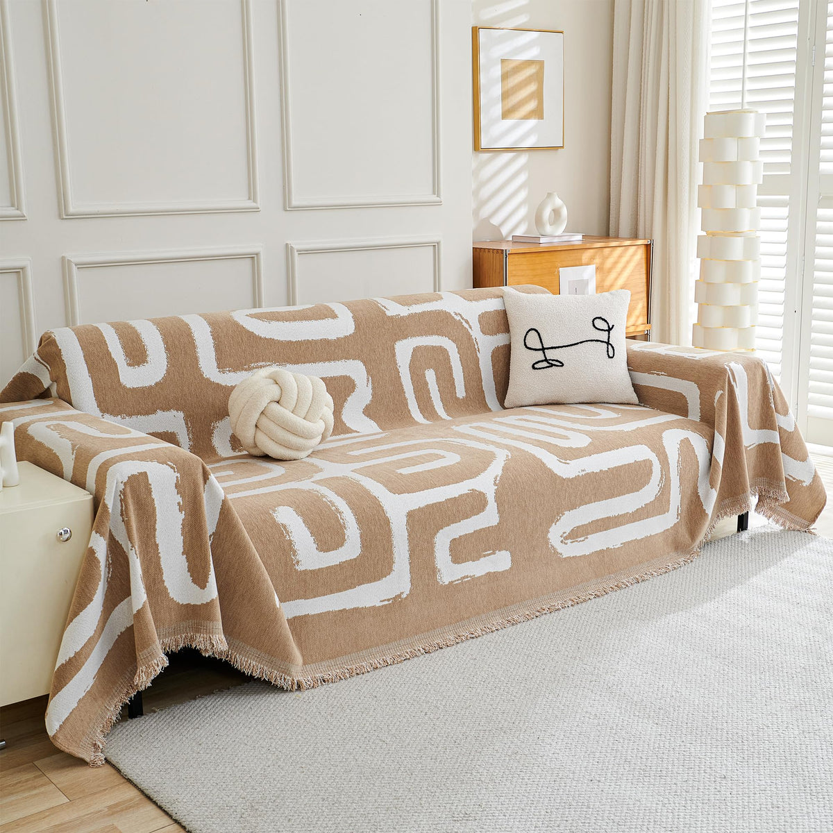 MEETSKY Oversized Chair Cover Washable Armchair Sofa Cover for Dog, Couch Protector for Sofa Single Cover, Small Couch Cover Sofa Throw Cover with Tassel, 71" x 91", Beige