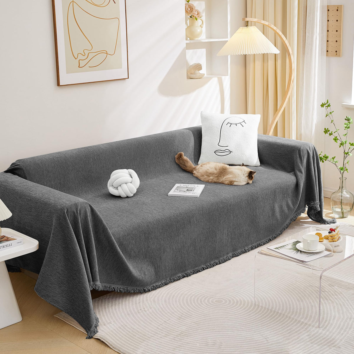 MEETSKY Oversized Chair Cover Washable Armchair Sofa Cover for Dog, Couch Protector for Sofa Single Cover, Small Couch Cover Sofa Throw Cover with Tassel, 71" x 91", Beige
