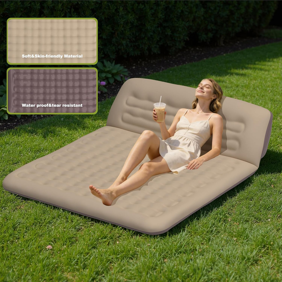 Double Inflatable Ultralight Camping Sleeping Pad with Adjustable Pillow,Camping 2-Person Mat with Backrest, Compact Air Mattress for Camping,Hiking,Backpacking,Car Traveling,Tent,Beach,Brown