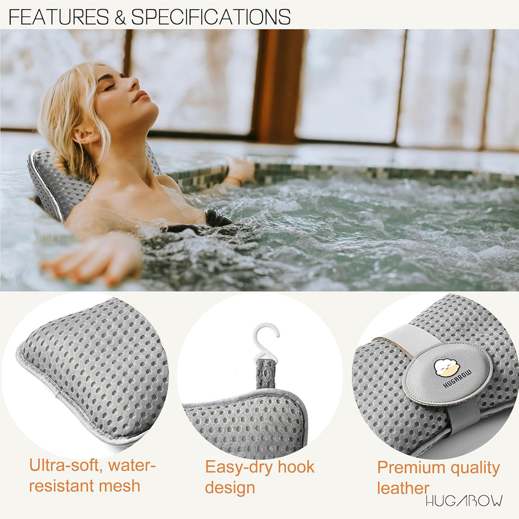 2-Pack Large Pillow for Hot Tub (Grey), Spa, Pool & Chaise Lounge - Universal Headrest & Neck Support Cushion, Adjustable Height with Weighted Strap, 4D Air Mesh, Easy Drying with Hook