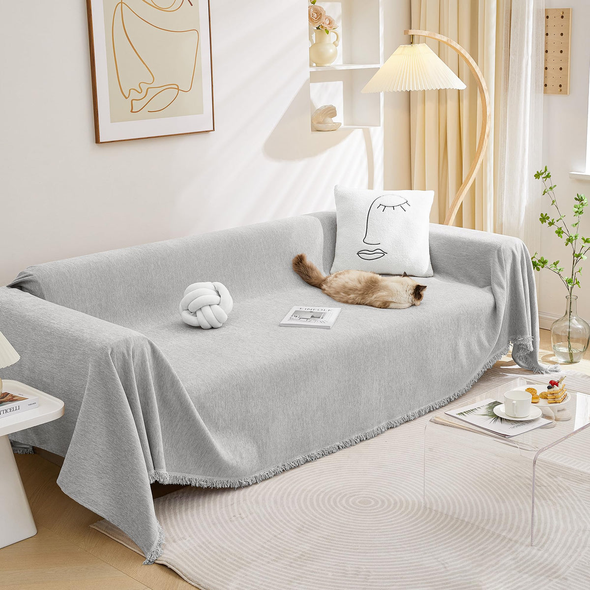 MEETSKY Oversized Chair Cover Washable Armchair Sofa Cover for Dog, Couch Protector for Sofa Single Cover, Small Couch Cover Sofa Throw Cover with Tassel, 71" x 91", Beige