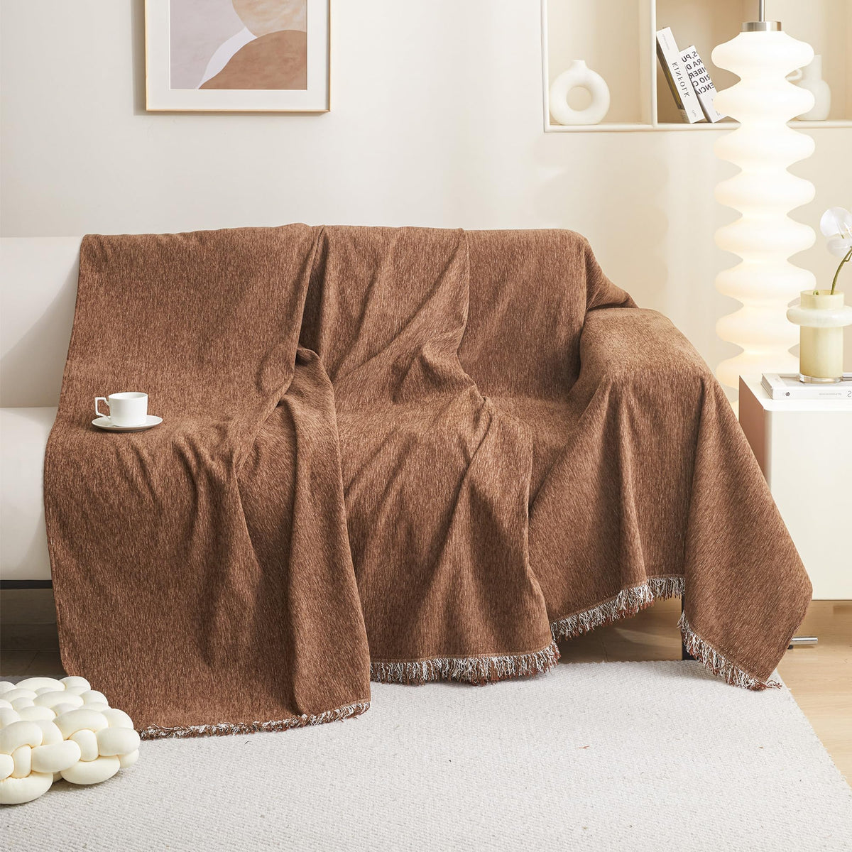 MEETSKY Oversized Chair Cover Washable Armchair Sofa Cover for Dog, Couch Protector for Sofa Single Cover, Small Couch Cover Sofa Throw Cover with Tassel, 71" x 91", Beige