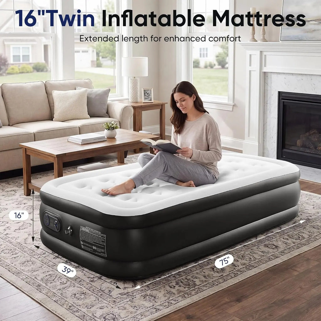 Twin Air Mattress, Inflatable Blow Up Airbed with Built-in High Capacity Pump, Double Height 16in, Non-Slip Bottom Design, Weight Capacity 660 lbs Air Bed for Home or Camping