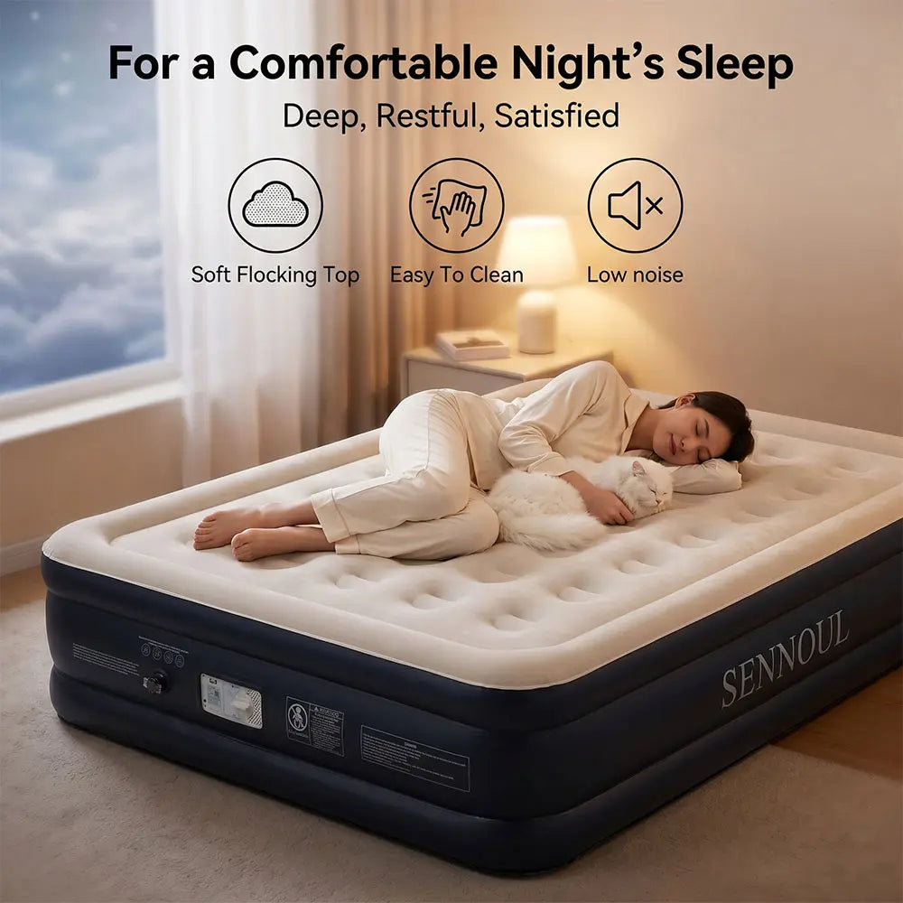 SENNOUL Queen Rectangular Airbed - 18in Tall Thick PVC Inflatable Bed with Built-in Quiet Electric Pump, Anti-Sag Coil Support, 0.45mm Flocked Surface, Portable for Guest Room Camping, US Local Logistics, 1-Year Non-Man-Made Damage Replacement