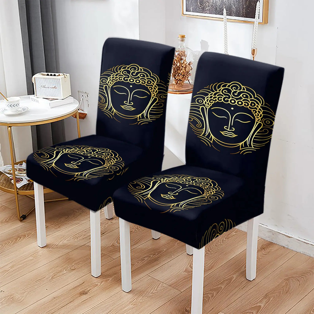 4/6 PCS chair covers and decorations, classic retro and simple gold Buddha printed chair covers and decorations, dirt resistant and removable for cleaning, suitable for home, kitchen, restaurant, hotel chair decoration