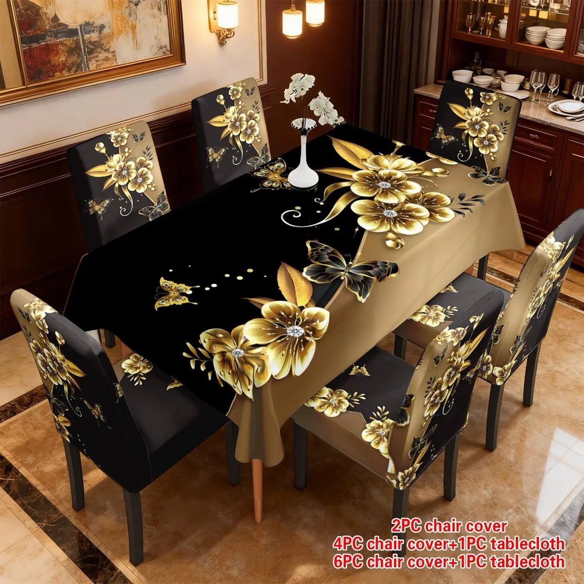 2/5/7pcs Restaurant Chair Tablecloth Set, Gold Butterfly Print, Elastic Polyester Slipcover, Detachable Washable, Home Office Hotel Decor, Dining Chair Slipcovers