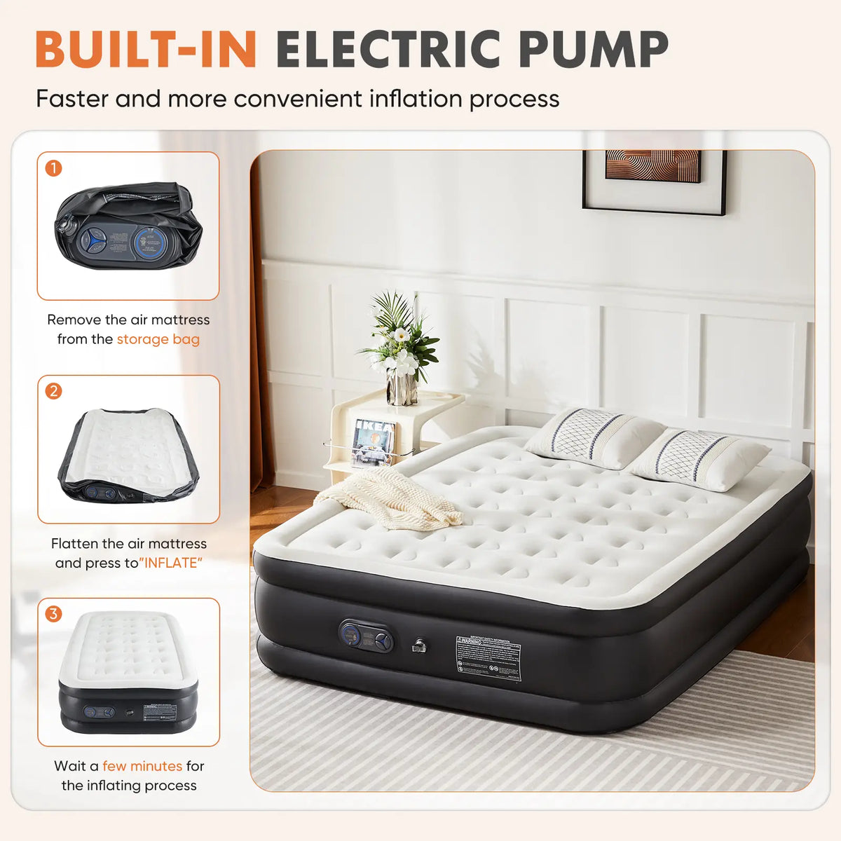 Twin Air Mattress, Inflatable Blow Up Airbed with Built-in High Capacity Pump, Double Height 16in, Non-Slip Bottom Design, Weight Capacity 660 lbs Air Bed for Home or Camping