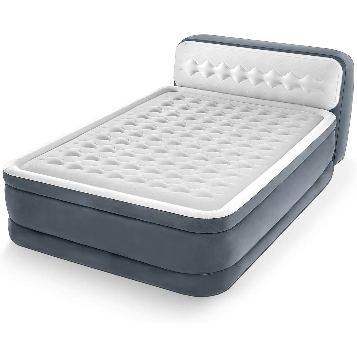 Queen Size Deluxe Ultra Plush Air Mattress with Headboard - Fiber-Tech, Built-in Electric Pump, 18in Bed Height, 600lb Weight Capacity, Lumbar Support, High-Strength Polyester Fibers, Body Contour, Dual Layer, Indoor Sleep, Mattress Queen Size